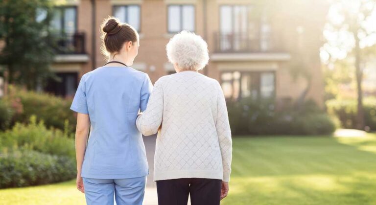 A small group of people warmly greeting an elderly resident in a comfortably furnished living space.