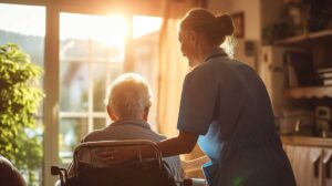 Older adults walking together indoors while a staff member guides a gentle movement activity.