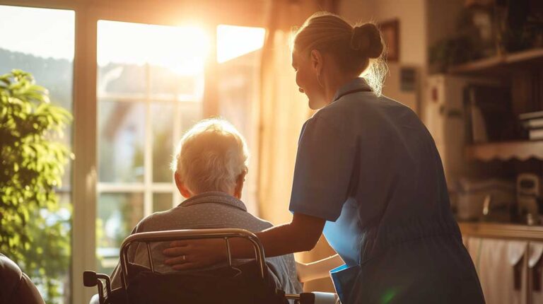 Older adults walking together indoors while a staff member guides a gentle movement activity.
